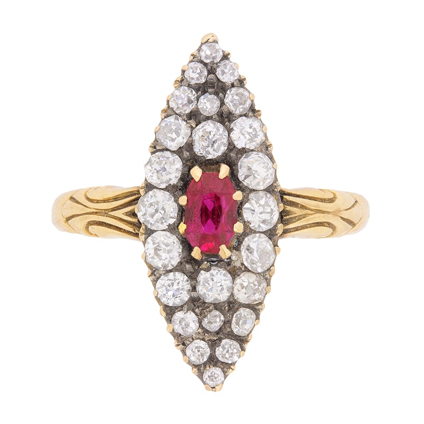 Victorian Marquise-Shaped Ruby and Diamond Cluster Ring, c.1890s