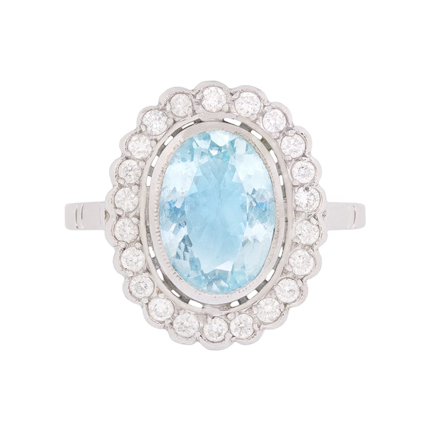 Vintage 3.00ct Aquamarine and Diamond Halo Ring, c.1950s