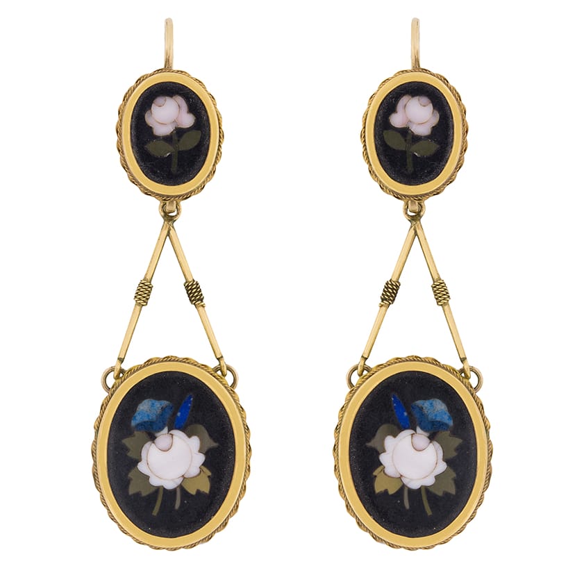 Antique Pietra Dura Drop Earrings and Pendant with Rose Motif