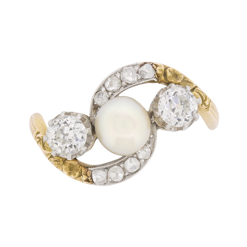 Victorian Diamond and Pearl Crossover Ring with Set Shoulders, c.1890s