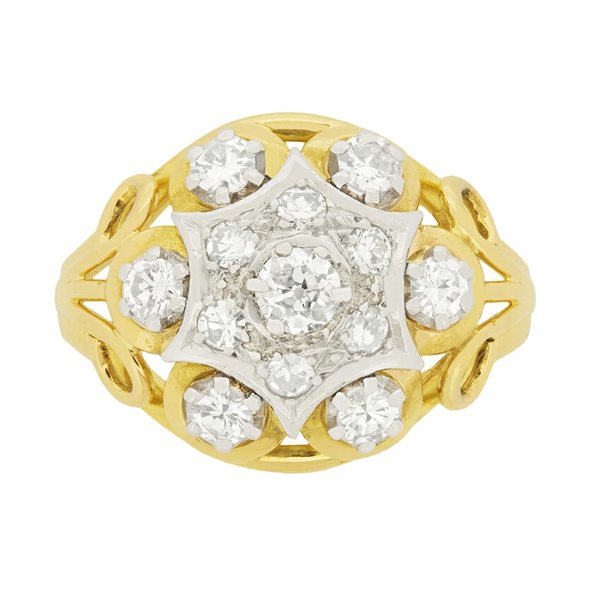 Edwardian 1.10ct Diamond Bombé Style Cluster Ring, c.1900s