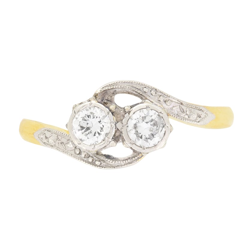 Vintage Diamond Two Stone Crossover Ring with Inscription, c.1940s