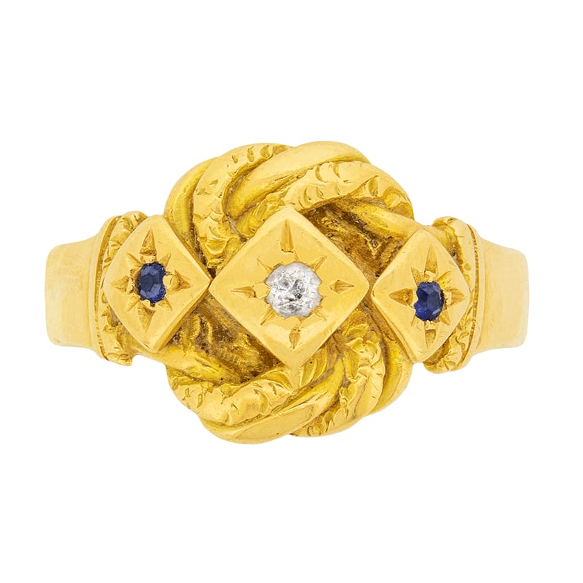 Late Victorian Three Stone Diamond and Sapphire Rope Design Ring, c.1900s