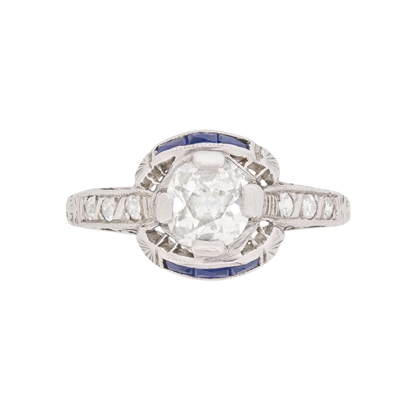 Art Deco 0.64ct Diamond and Sapphire Solitaire Ring, c.1920s