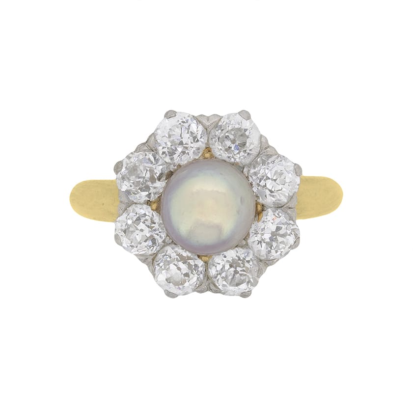 Late Victorian Natural Pearl and Diamond Cluster Ring, c.1910