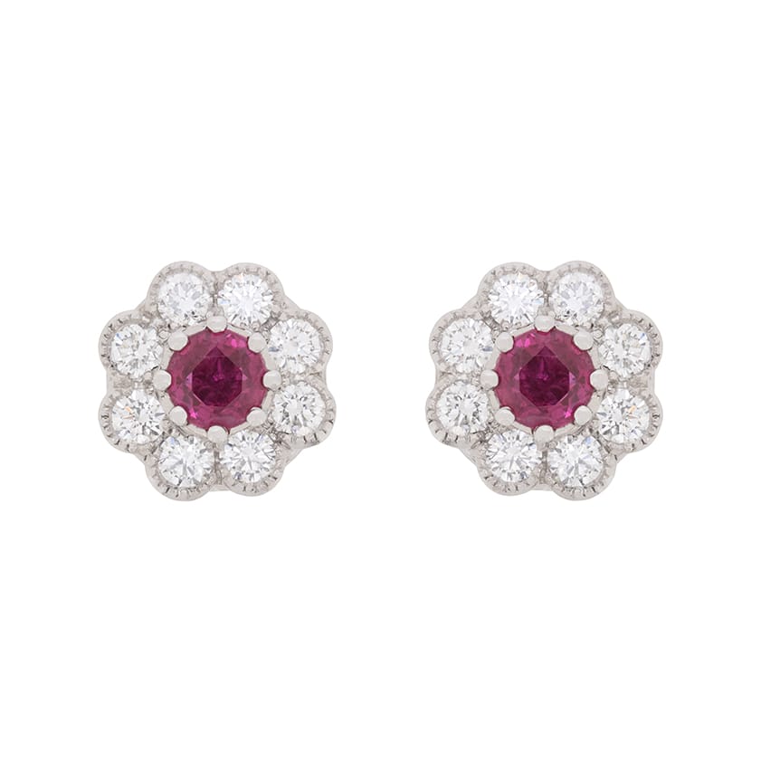 Vintage 0.50ct Ruby and Diamond Halo Earrings, c.1950s