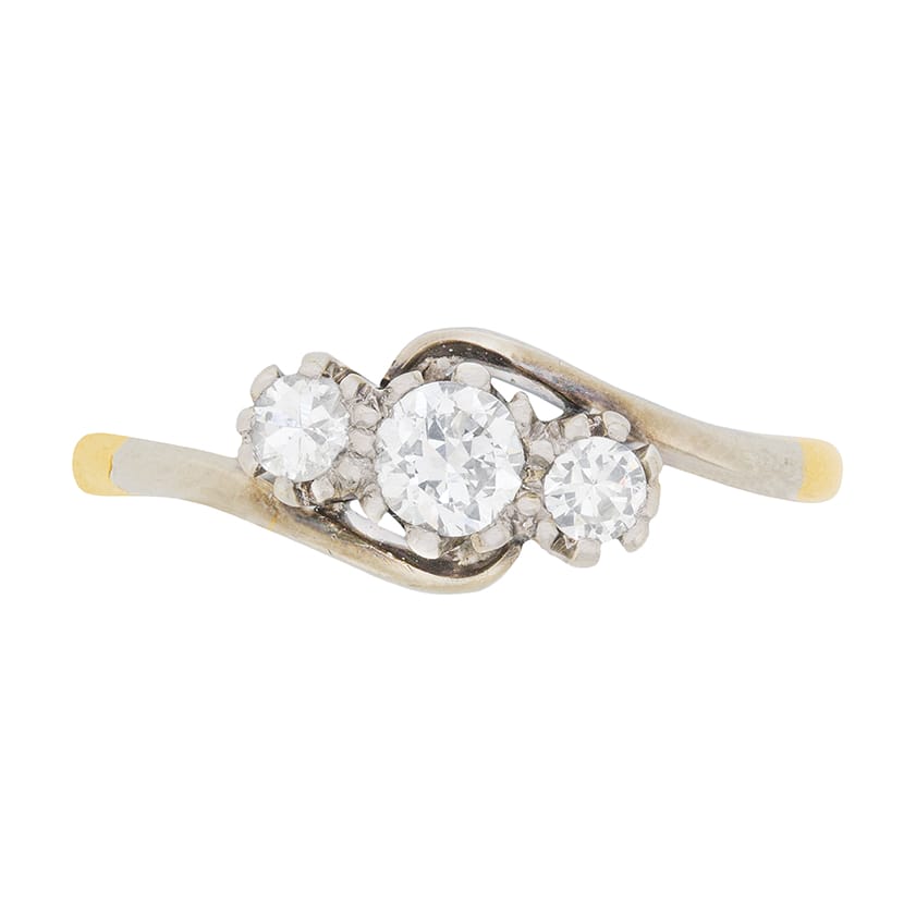 Late Art Deco Diamond Three Stone Twist Ring, c.1930s