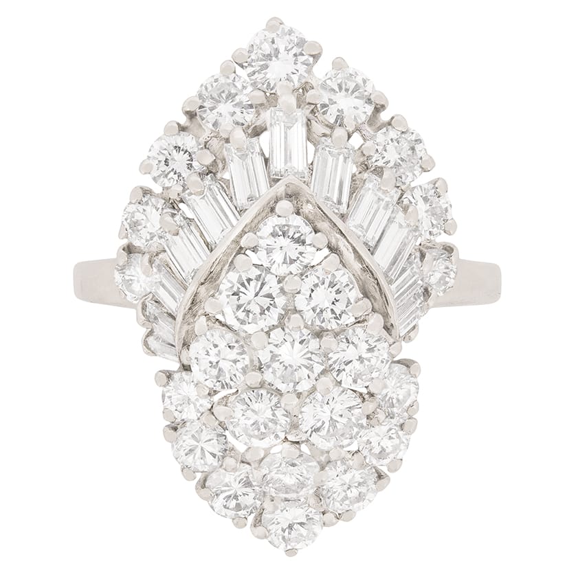 Late Deco 3.65ct Diamond Cluster Cocktail Ring, c.1940s