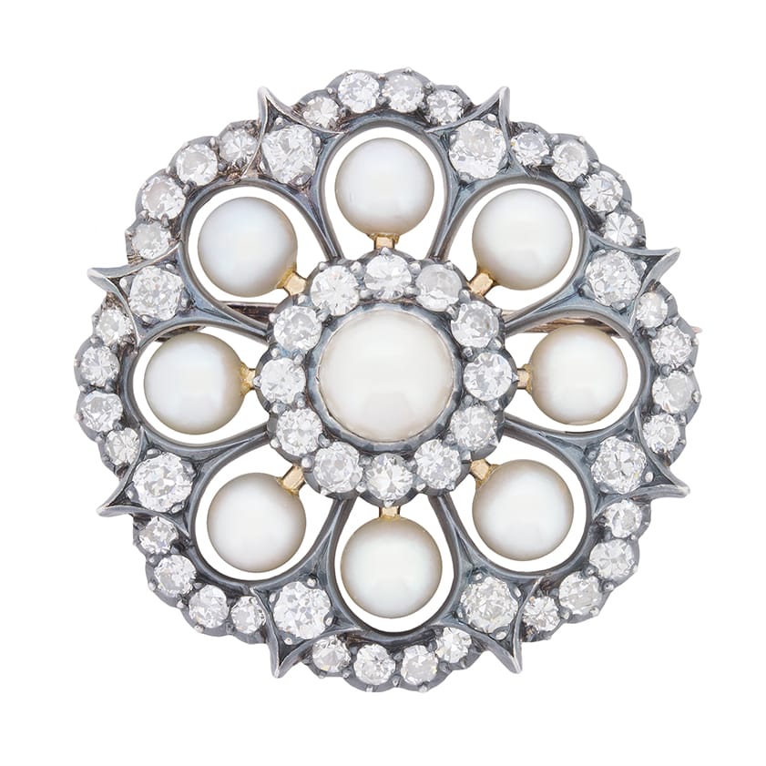 Victorian Pearl and Diamond Daisy Cluster Brooch, c.1880s