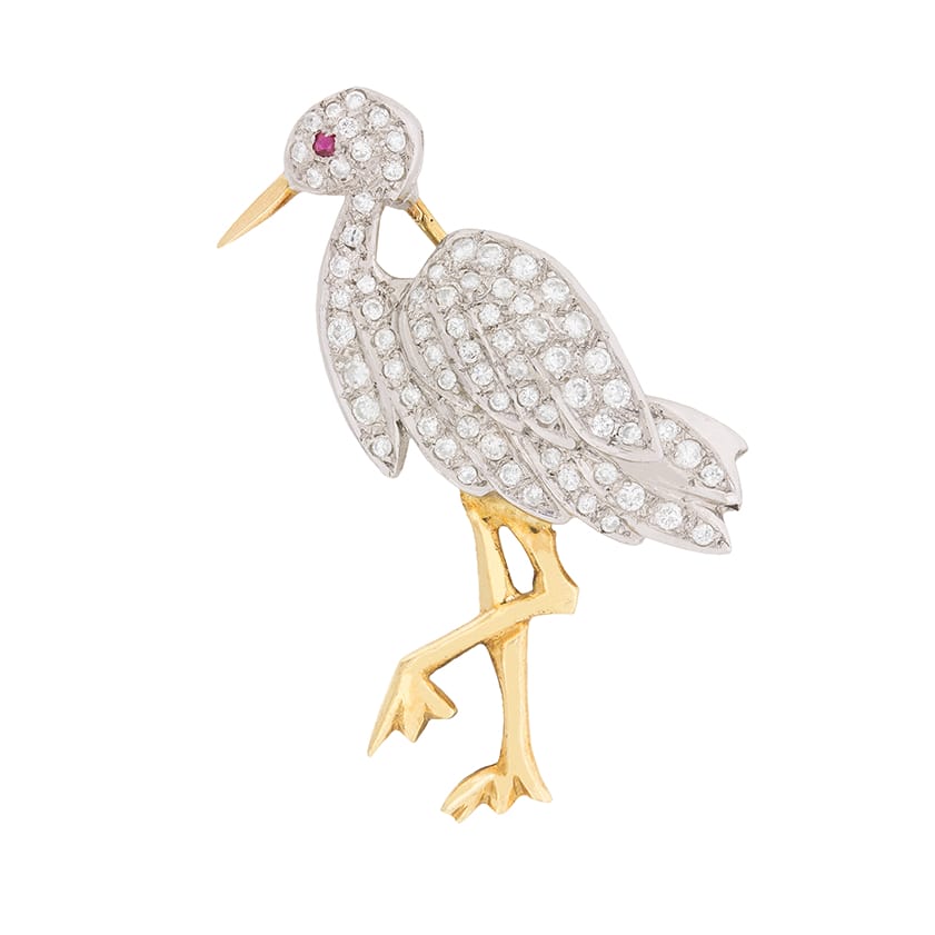 Vintage Diamond and Ruby Stork Brooch, c.1950s