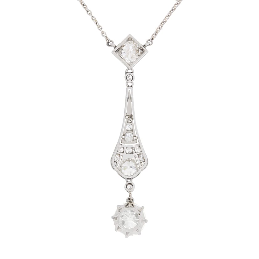 Art Deco Platinum, Diamond, Onyx and Natural Pearl Pendant Necklace, C.  1920. Pierrefamille.com