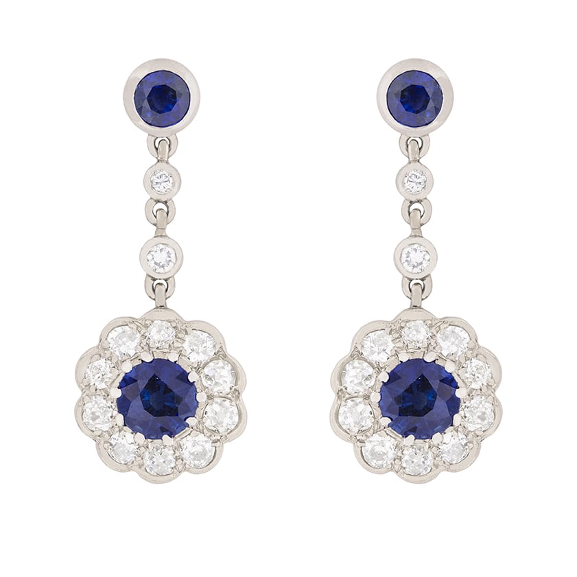 Art Deco Sapphire and Diamond Daisy Cluster Drop Earrings c.1920s