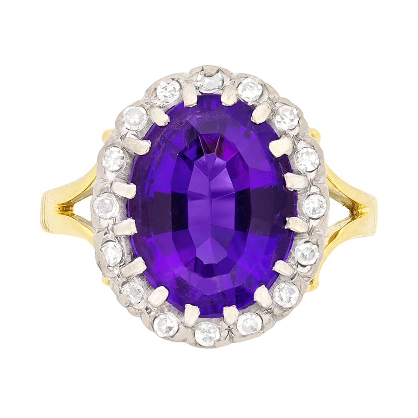 Art Deco Amethyst and Diamond Cluster Dress Ring, c.1930s