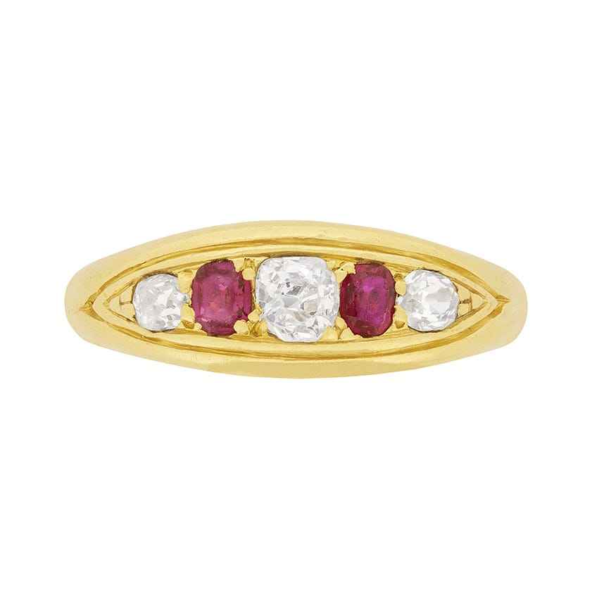 Victorian Ruby and Diamond Five Stone Ring, c.1900s