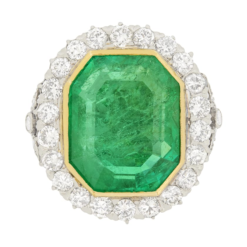 Art Deco 16.10ct Colombian Emerald and Transitional Cut Diamond Halo Ring, c.1930s