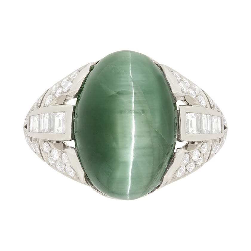 Late Deco 10.75ct Cat's Eye Tourmaline and Diamond Ring, c.1940s
