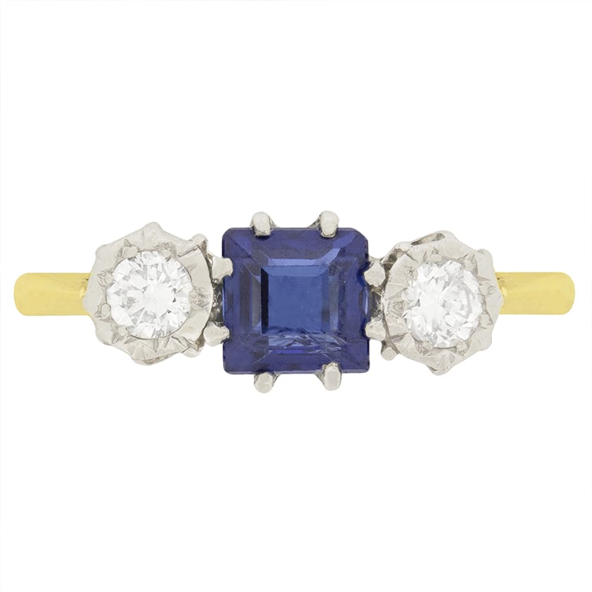 Late Art Deco 0.50ct Sapphire and Diamond Three Stone Ring, c.1930s