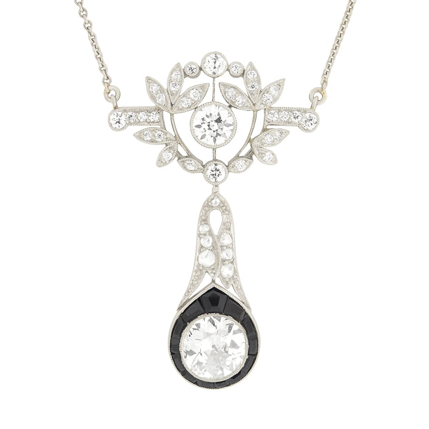 Art Deco 1.65ct Diamond and Onyx Drop Pendant Necklace, c.1920s