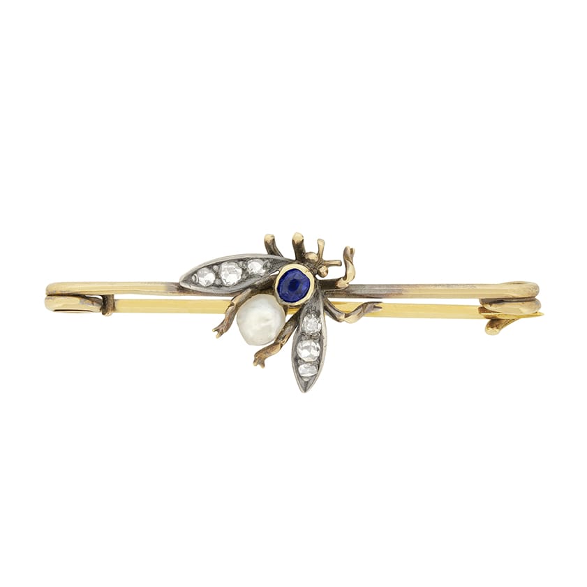Victorian 0.15ct Sapphire, Pearl and Diamond Bug Brooch, c.1880s