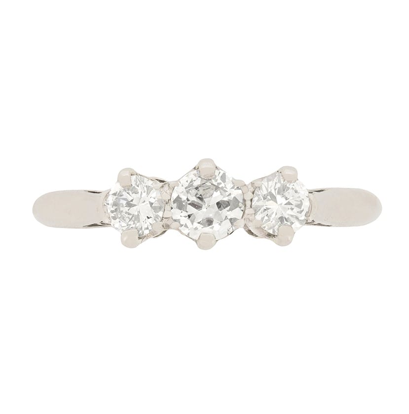 Late Art Deco 0.90ct Diamond Three Stone Ring, c.1930s