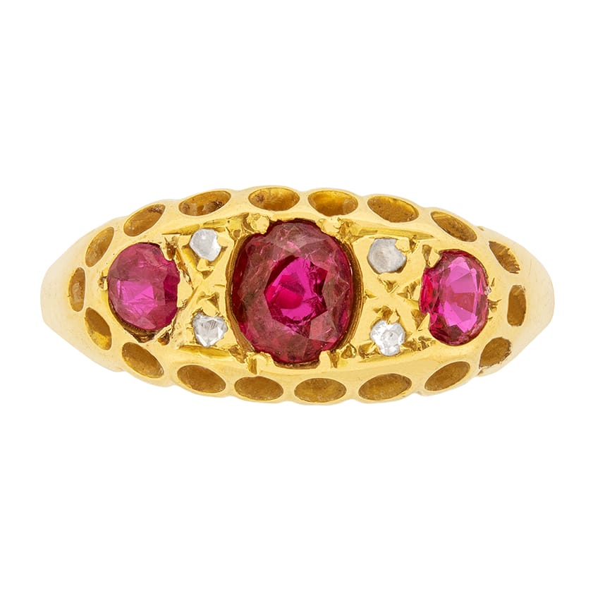 Victorian 0.70ct Ruby and Diamond Three Stone Ring, c.1900s