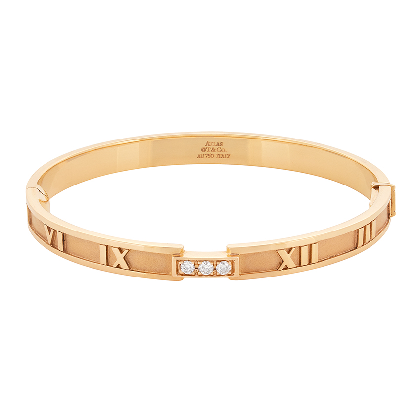 Tiffany and Co. Atlas Roman Numeric Gold Hinged Bangle Bracelet with  Diamonds