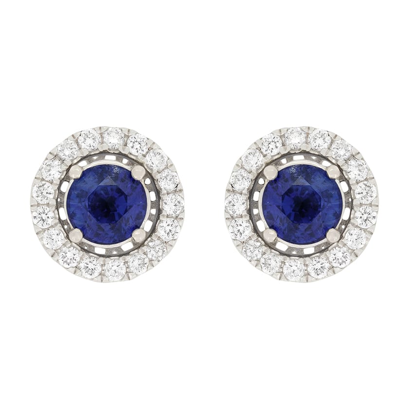Contemporary 1.00ct Sapphire and Diamond Halo Earrings