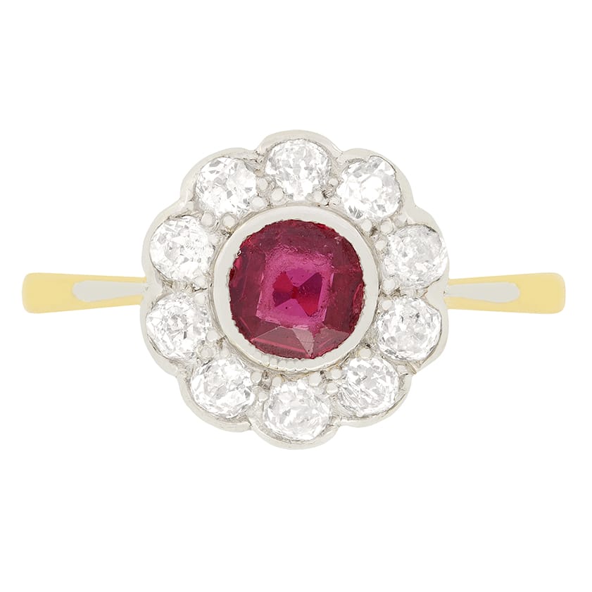 Edwardian 0.50ct Ruby and Diamond Daisy Cluster Ring, c.1910s