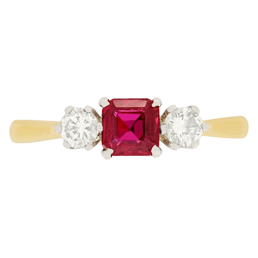 Art Deco 0.50ct Ruby and Diamond Three Stone Ring, c.1930s