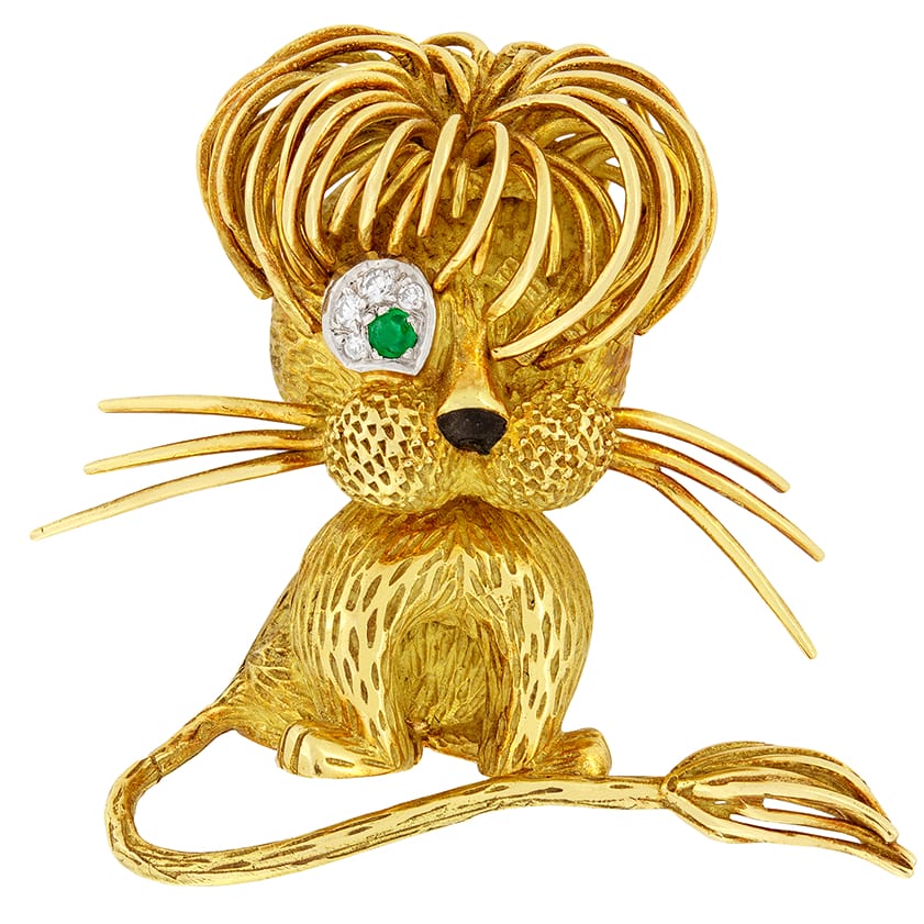 Vintage 0.08ct Diamond and Emerald Lion Brooch, c.1970s