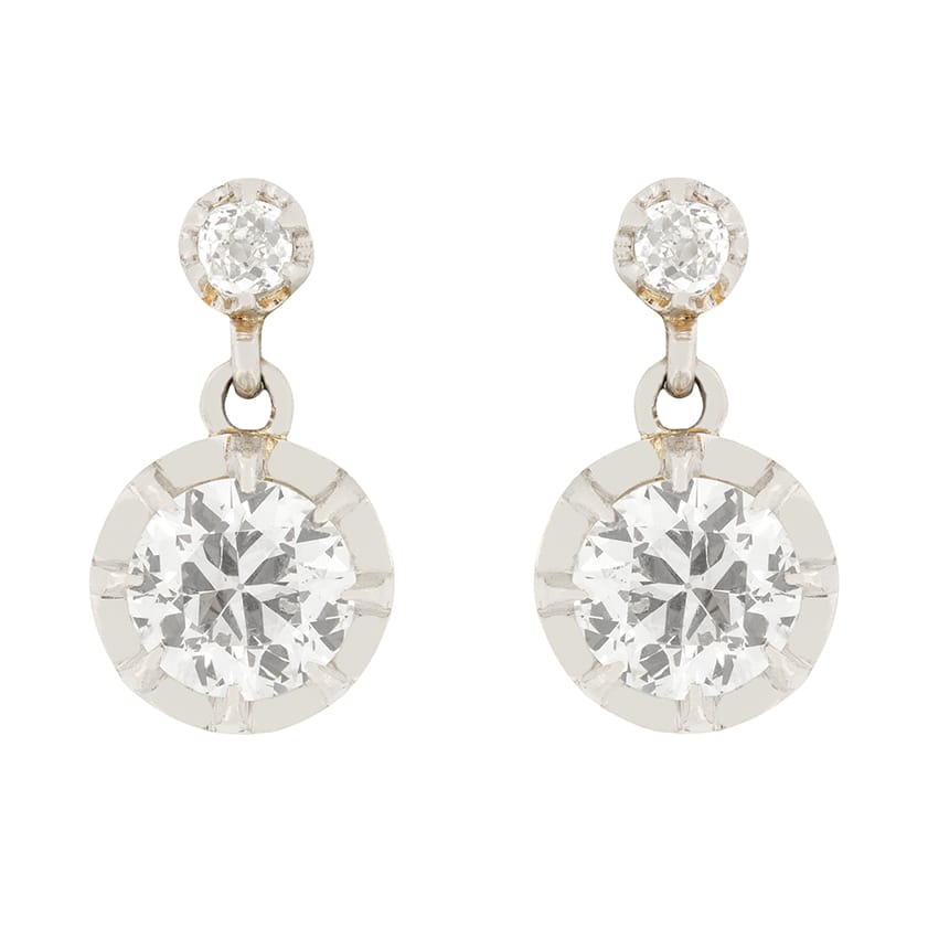 French 2.00ct Old Cut Diamond Earrings, c.1910s