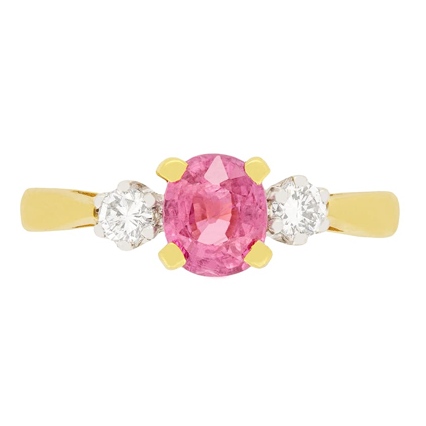 Contemporary 1ct Pink Sapphire and Diamond Three Stone Ring