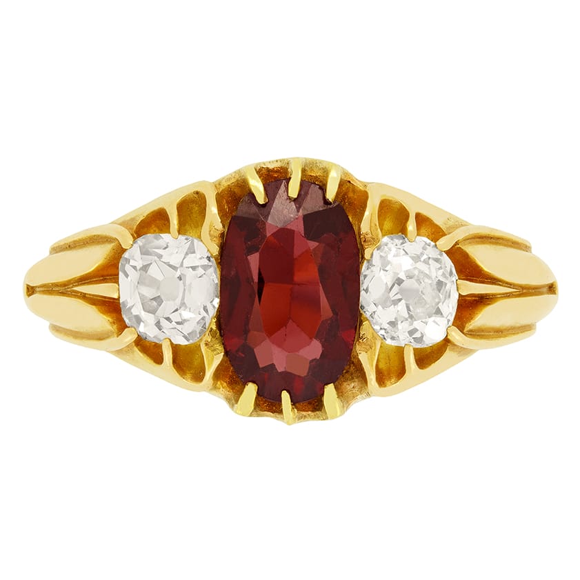 Victorian 1.60ct Garnet and Diamond Three Stone Ring, c.1880s