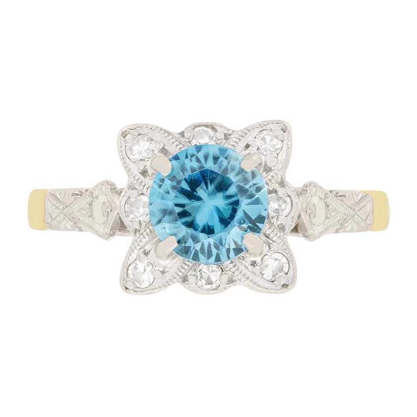 Vintage 1.00ct Zircon and Diamond Cluster Ring, c.1940s