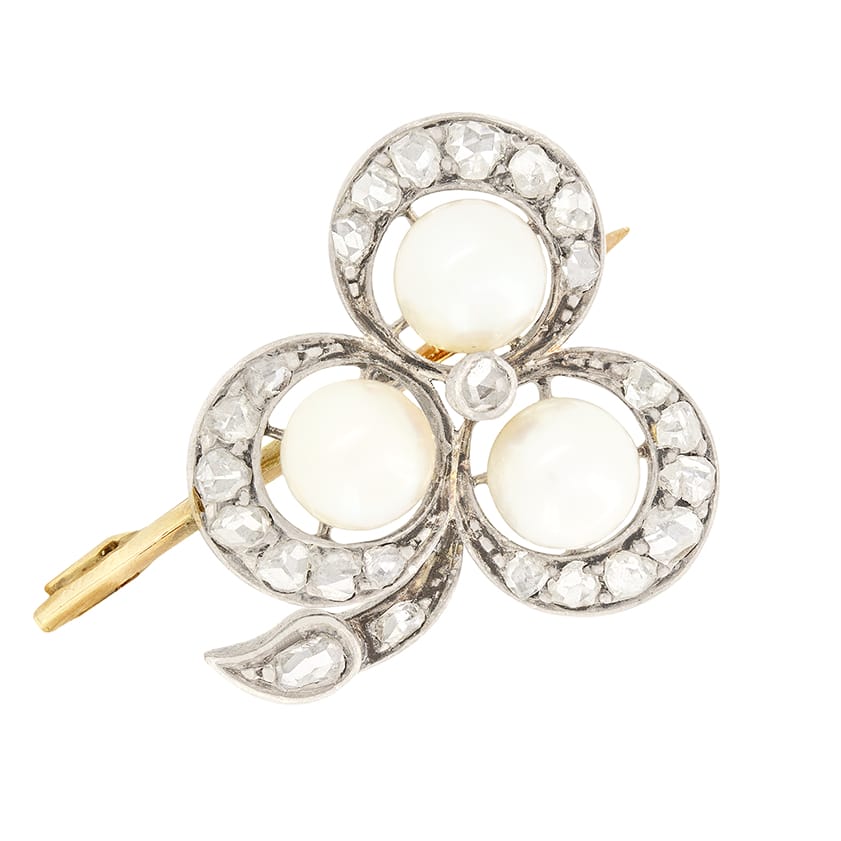 Victorian Pearl and Diamond Clover Brooch, c.1880s