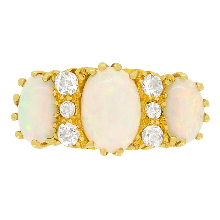 Victorian 1.10ct Opal and Diamond Three Stone Ring, c.1900s