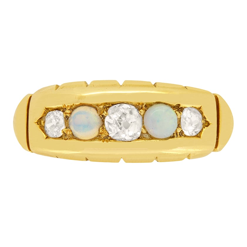 Victorian 0.29ct Diamond and Opal Five Stone Ring, c.1900s