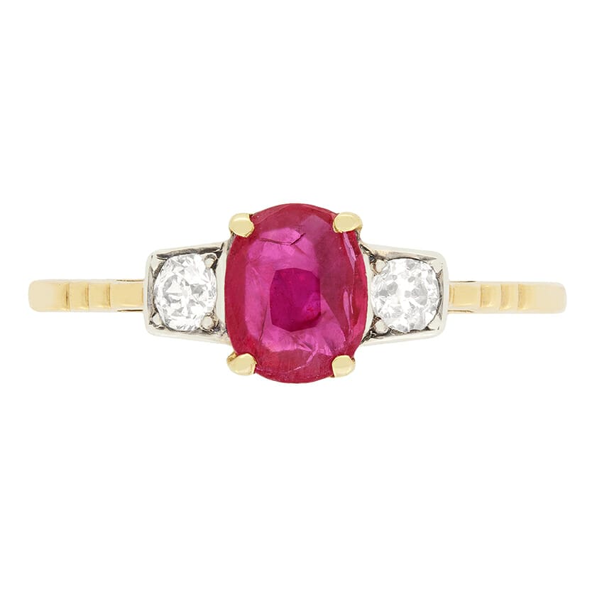 Edwardian 0.55ct Ruby and Diamond Three Stone Ring, c.1910s
