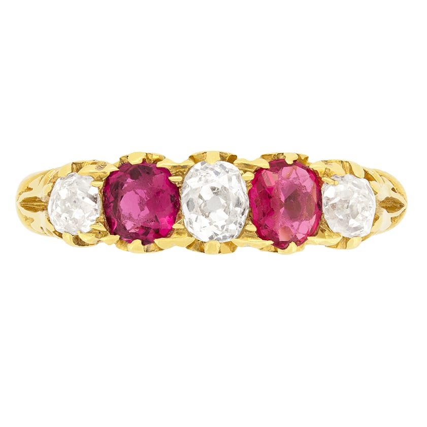 Victorian 0.70ct Diamond and Pink Sapphire Five Stone Ring, c.1880s