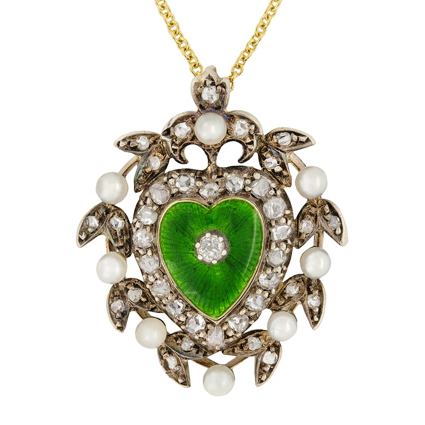 Victorian Diamond & Pearl Enamelled Heart Necklace, c.1880s