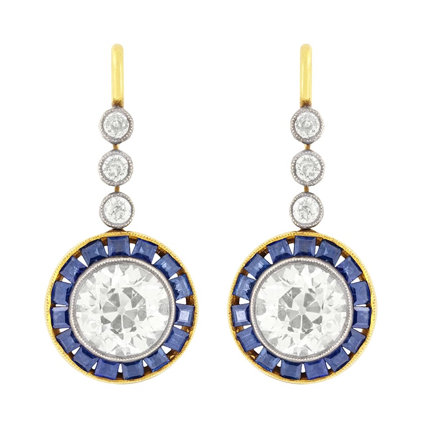 Vintage 4.20ct Diamond and Sapphire Drop Earrings, c.1950s