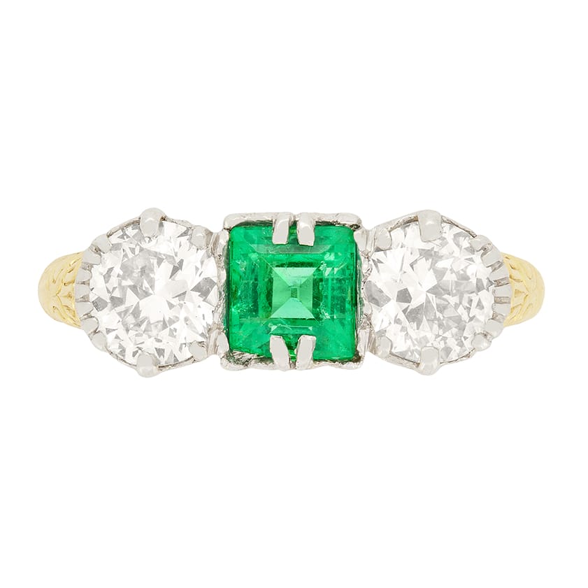 Edwardian Emerald and Diamond Three Stone Ring,