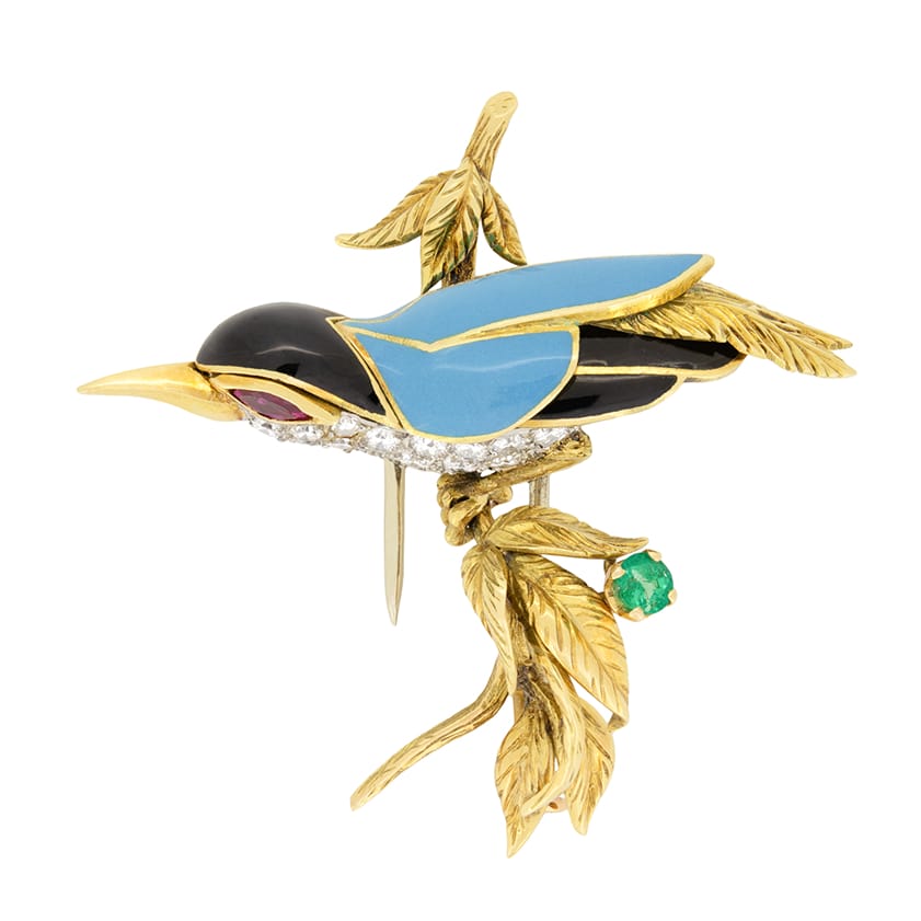 René Kern 0.75ct Diamond, Ruby and Emerald Bird Brooch, c.1920s