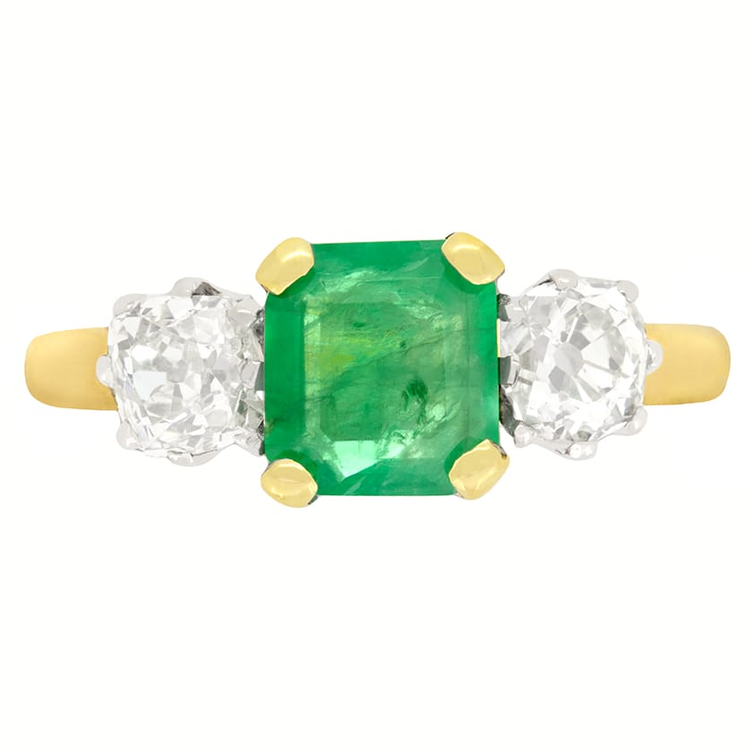 Art Deco 1.00ct Emerald and Diamond Trilogy Ring, c.1920s