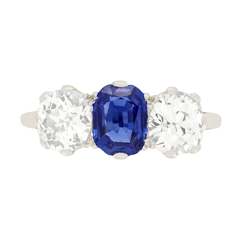 Art Deco 1.00ct Sapphire and Diamond Three Stone Ring, c.1920s