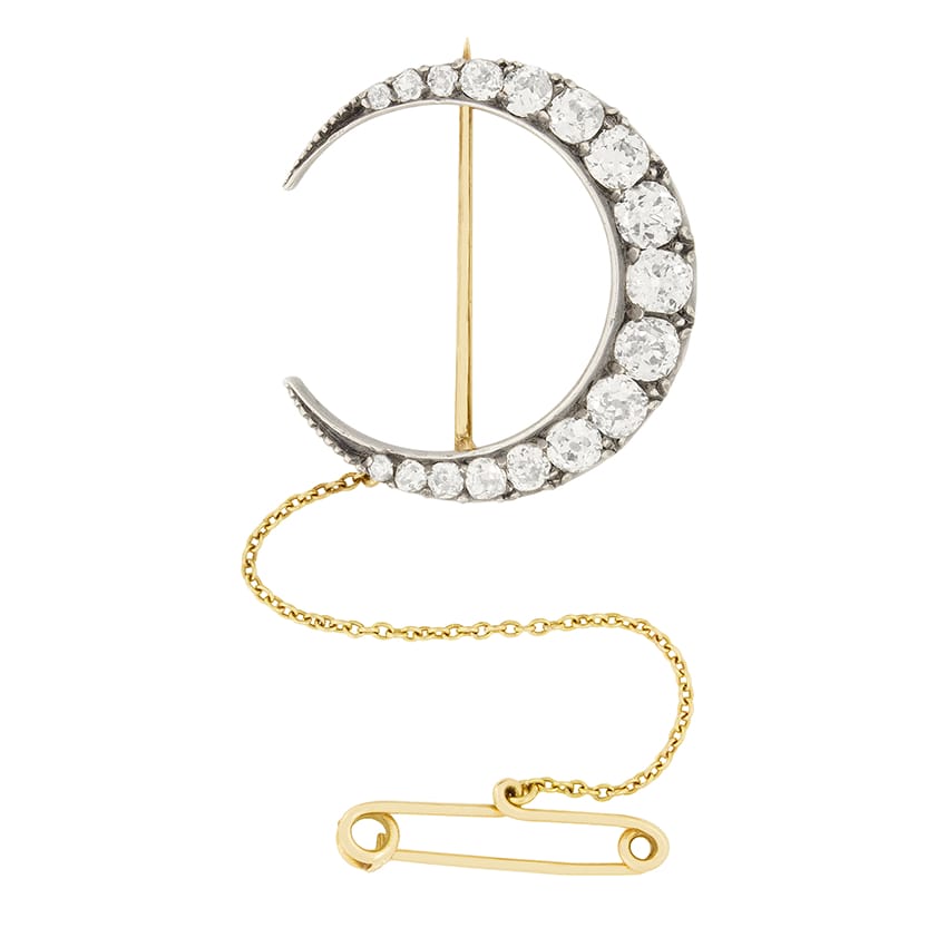 Victorian 3.00ct Diamond Crescent Moon Brooch, c.1880s