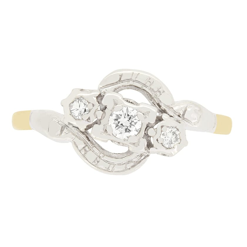 Vintage 0.25ct Diamond Three Stone Twist Ring, c.1950s