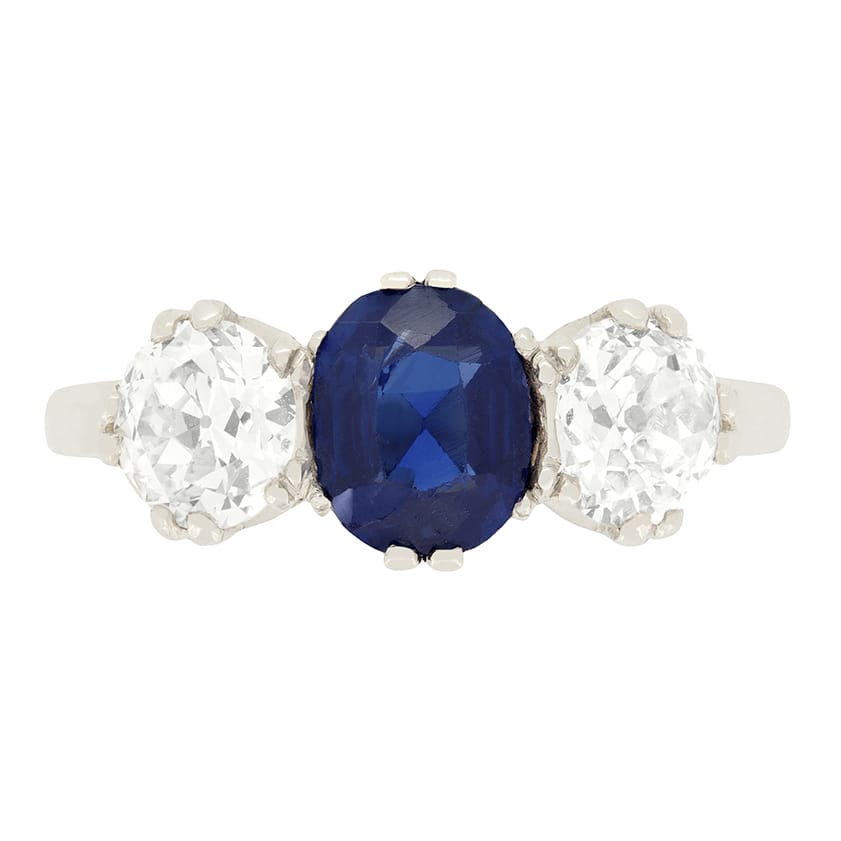Edwardian 1.30ct Sapphire and Diamond Three Stone Ring, c.1910s
