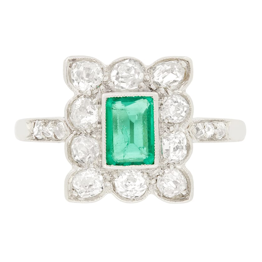 Art Deco 0.50ct Emerald and Diamond Cluster Ring, c.1920s