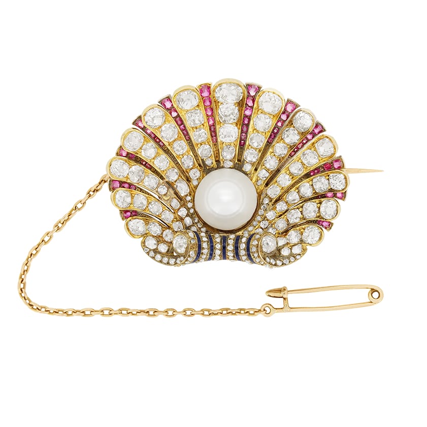 Victorian 6.00ct Diamond, Pearl and Ruby Oyster Shell Brooch, c.1880s